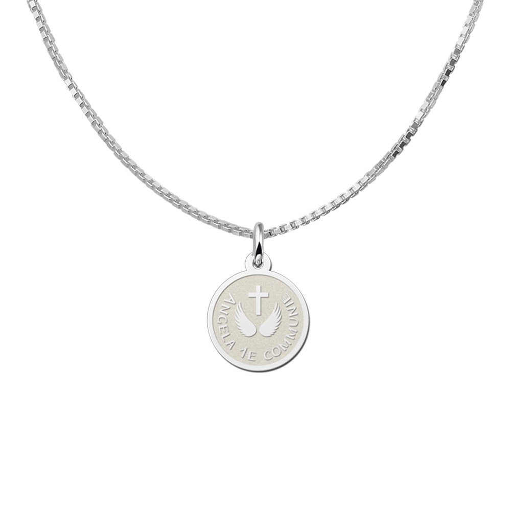 Zilveren Ronde Communiehanger met Kruis en Engelvleugels | Names4ever - voorbeeld met optionele ketting