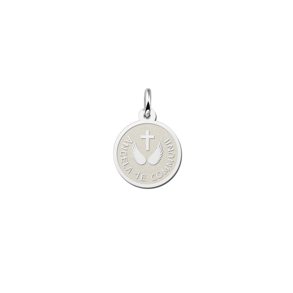 Zilveren Ronde Communiehanger met Kruis en Engelvleugels | Names4ever - hanger zonder ketting