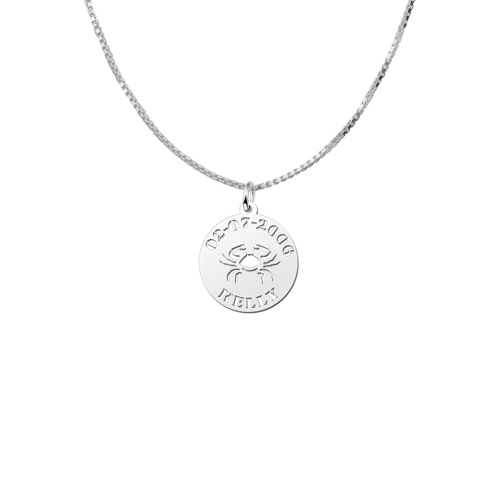 Zilveren Ronde Sterrenbeeldhanger Kreeft met Naam en Datum | Names4ever - voorbeeld met optionele ketting