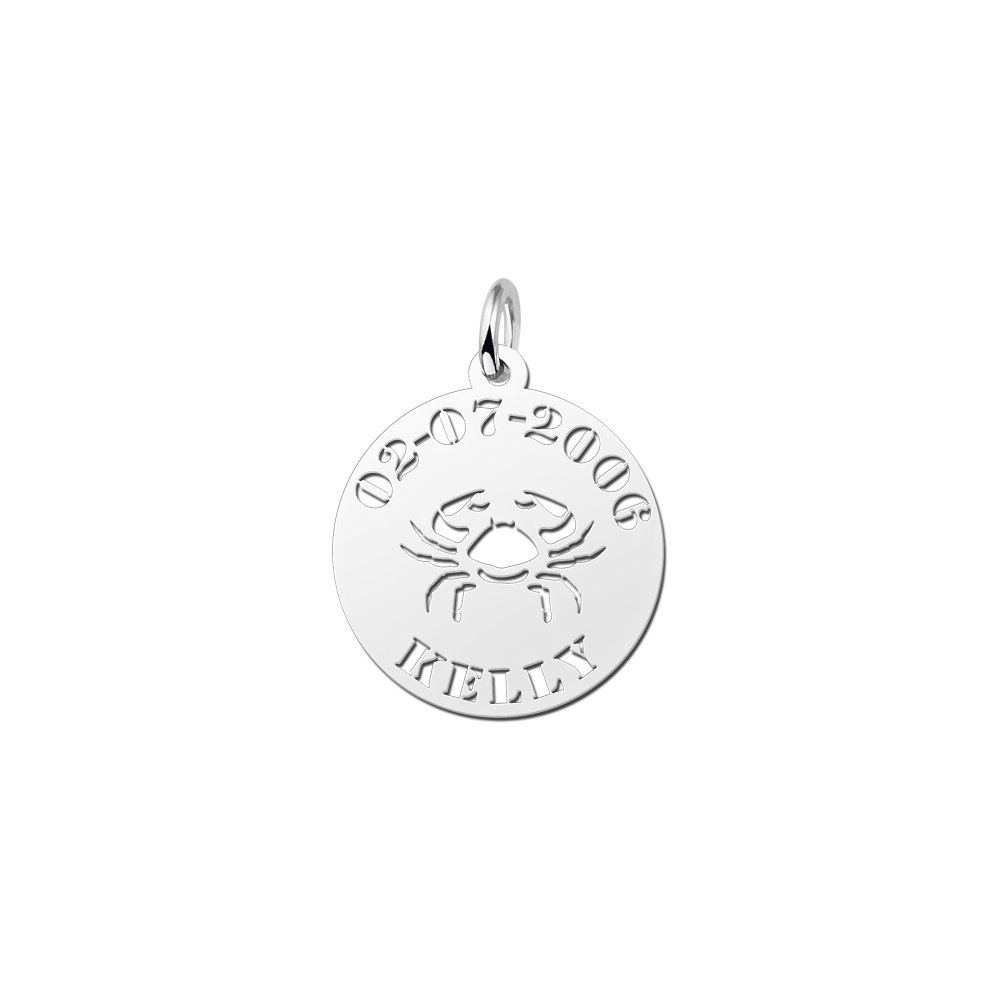 Zilveren Ronde Sterrenbeeldhanger Kreeft met Naam en Datum | Names4ever - hanger zonder ketting