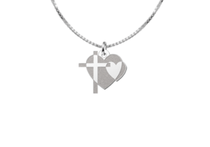 Zilveren Hanger Hart en Kruis aan een voorbeeldketting; ketting niet inbegrepen