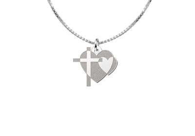 Zilveren Hanger Hart en Kruis aan een voorbeeldketting; ketting niet inbegrepen