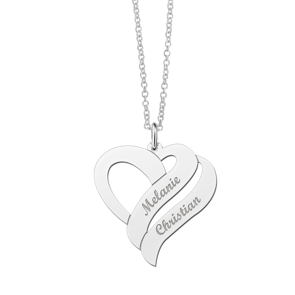 Zilveren hanger in hartvorm met twee namen | Names4ever - productvoorbeeld; afgebeelde ketting optioneel
