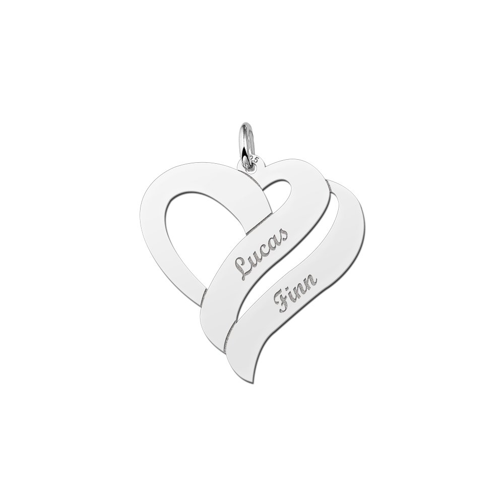 Zilveren hanger in hartvorm met twee namen | Names4ever - productvoorbeeld; afgebeelde ketting optioneel