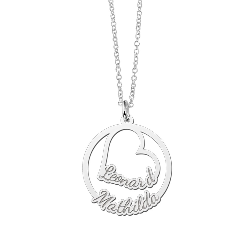 Zilveren hanger met hart en twee namen | Names4ever - productvoorbeeld; afgebeelde ketting optioneel