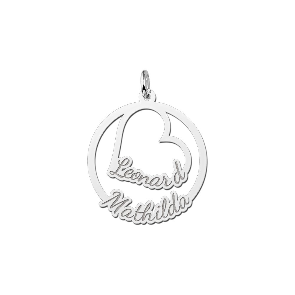 Zilveren hanger met hart en twee namen | Names4ever - productvoorbeeld; afgebeelde ketting optioneel