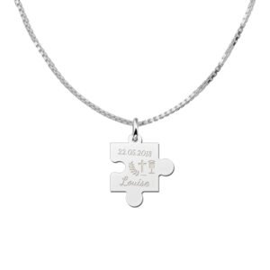 Zilveren Communie Puzzelhanger met Naam en Datum | Names4ever - voorbeeld met optionele ketting