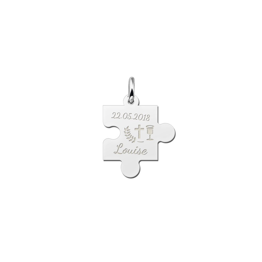 Zilveren Communie Puzzelhanger met Naam en Datum | Names4ever - hanger zonder ketting