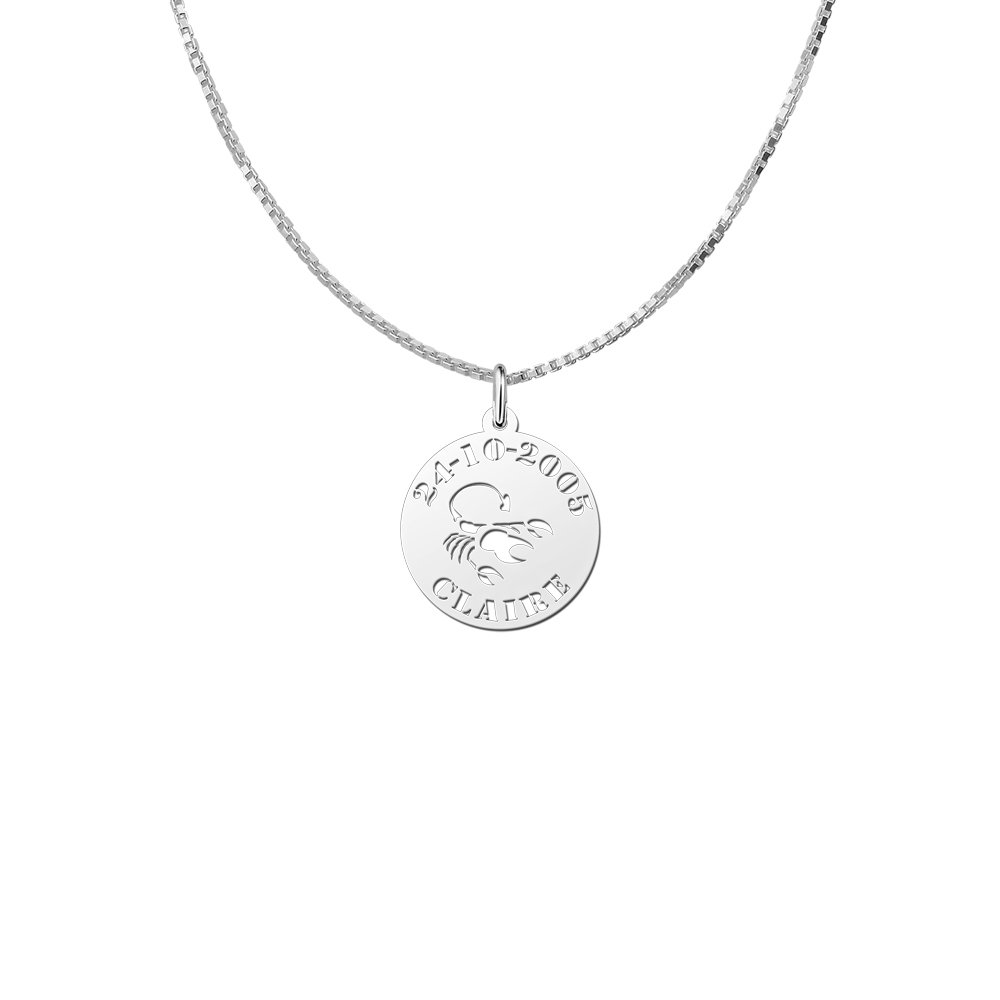 Zilveren Ronde Sterrenbeeldhanger Schorpioen met Naam en Datum | Names4ever - voorbeeld met optionele ketting