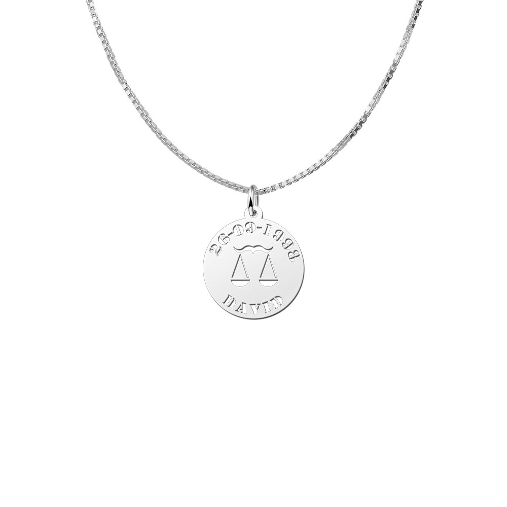 Zilveren Ronde Sterrenbeeldhanger Weegschaal met Naam en Datum | Names4ever - voorbeeld met optionele ketting