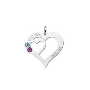 Zilveren hart hanger met gravure en geboortesteentjes | Names4ever - productvoorbeeld; afgebeelde ketting optioneel