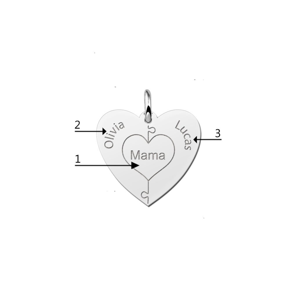 Zilveren hart hanger met puzzelstukjes en namen | Names4ever - productvoorbeeld; afgebeelde ketting optioneel