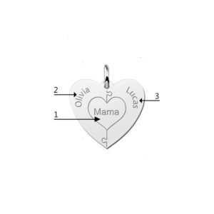 Zilveren hart hanger met puzzelstukjes en namen | Names4ever - productvoorbeeld; afgebeelde ketting optioneel