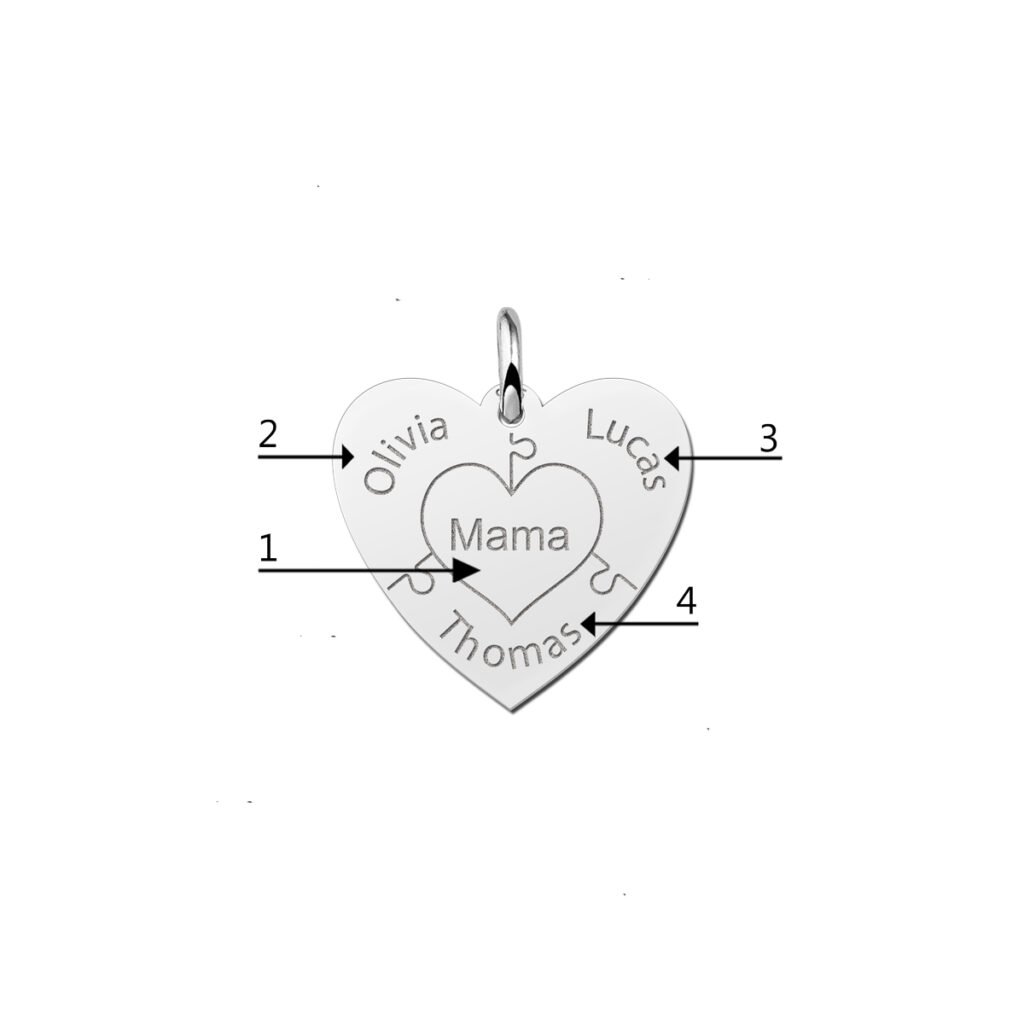 Zilveren hart hanger met puzzelstukjes en namen | Names4ever - productvoorbeeld; afgebeelde ketting optioneel