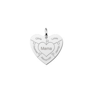 Zilveren hart hanger met puzzelstukjes en namen | Names4ever - productvoorbeeld; afgebeelde ketting optioneel