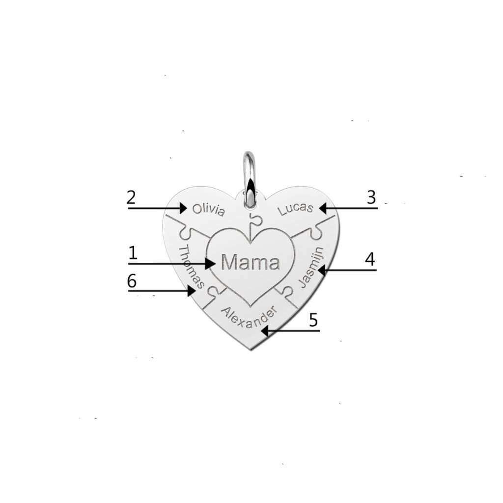 Zilveren hart hanger met puzzelstukjes en namen | Names4ever - productvoorbeeld; afgebeelde ketting optioneel