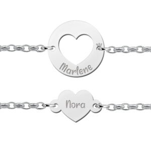 Detail zilveren hartjes armband set met namen - Names4ever ZNA160