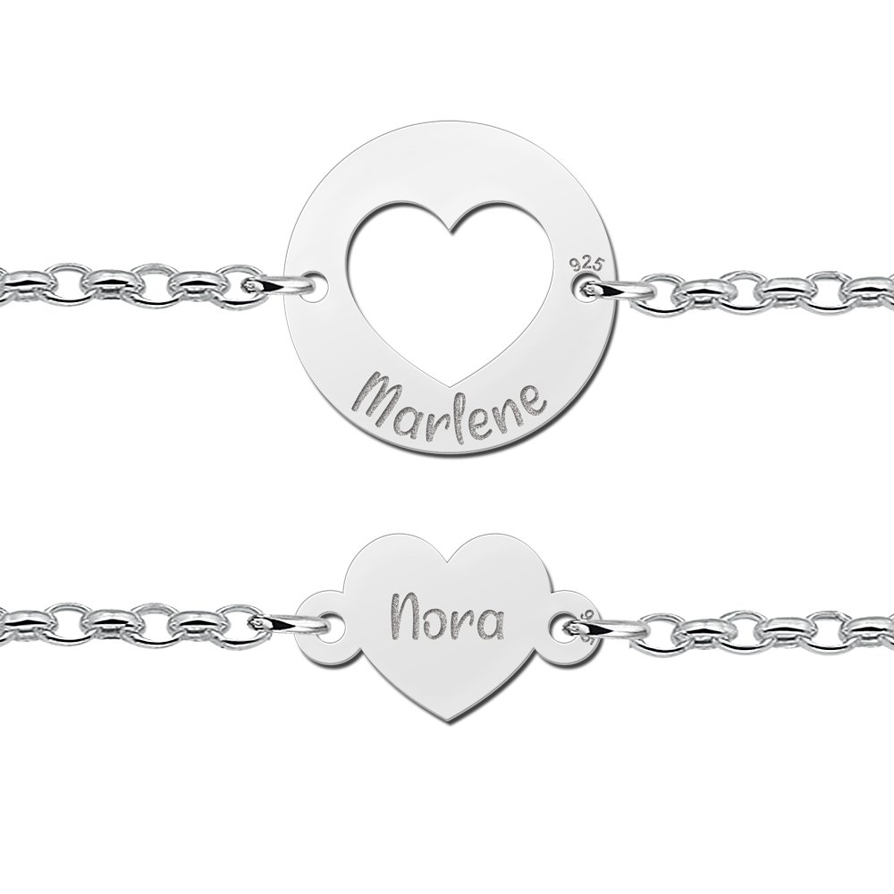 Detail zilveren hartjes armband set met namen - Names4ever ZNA160