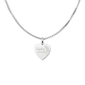Zilveren Kleine Communie Harthanger met Naam en Datum | Names4ever - voorbeeld met optionele ketting