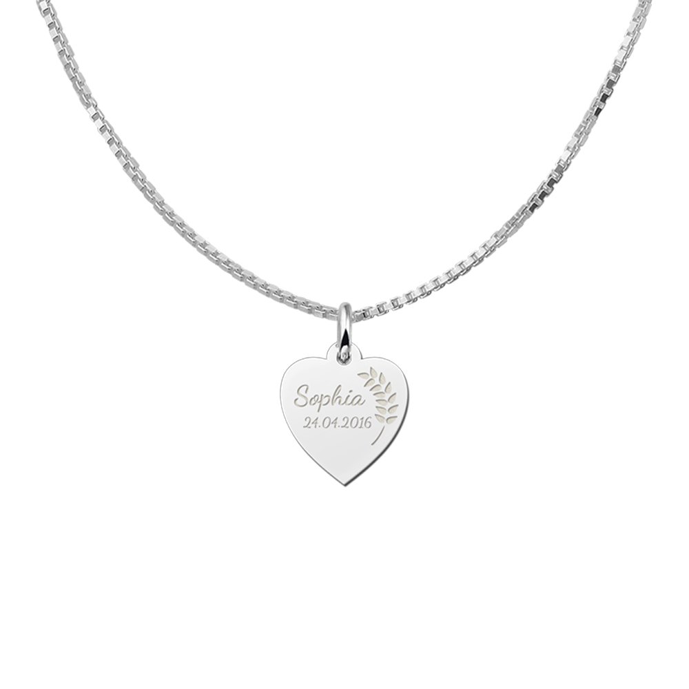 Zilveren Kleine Communie Harthanger met Naam en Datum | Names4ever - voorbeeld met optionele ketting