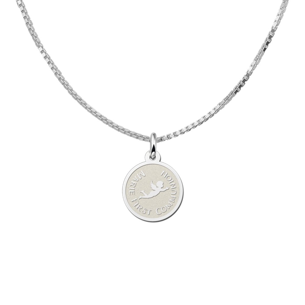 Zilveren Ronde Communiehanger met Engel en Tekst | Names4ever - voorbeeld met optionele ketting