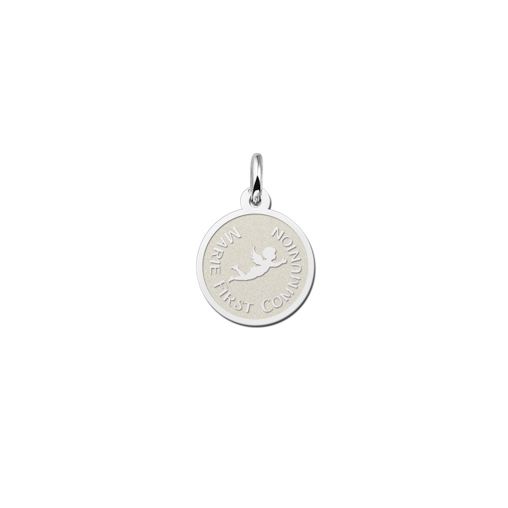 Zilveren Ronde Communiehanger met Engel en Tekst | Names4ever - hanger zonder ketting