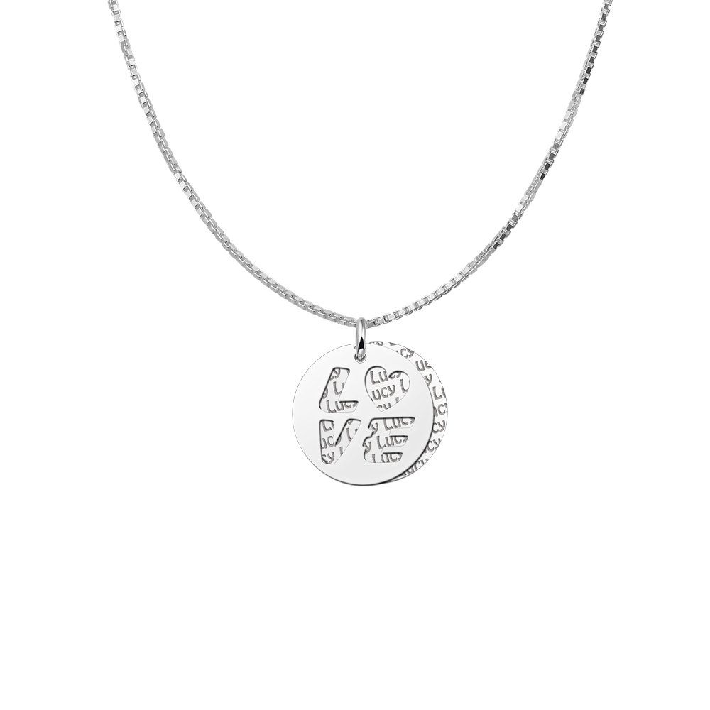 Zilveren naamhanger 2-delig rond Love | Names4ever - voorbeeld met optionele ketting
