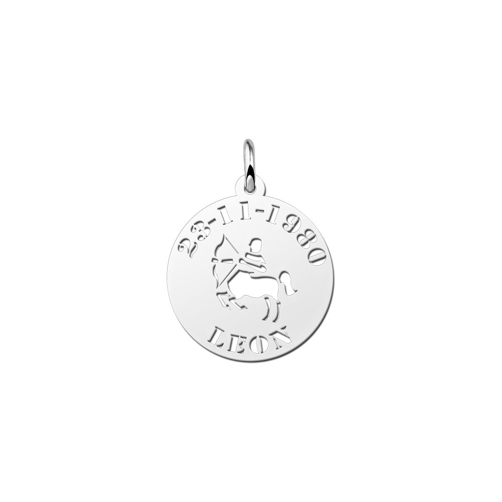 Zilveren Ronde Sterrenbeeldhanger Boogschutter met Naam en Datum | Names4ever - hanger zonder ketting