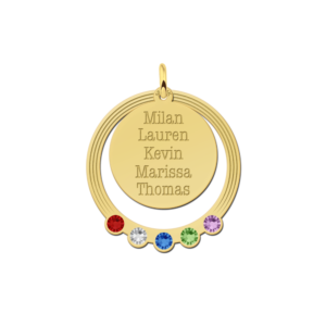 14K gouden ronde familiehanger met vijf namen en geboortestenen - Names4ever GFH19-GS