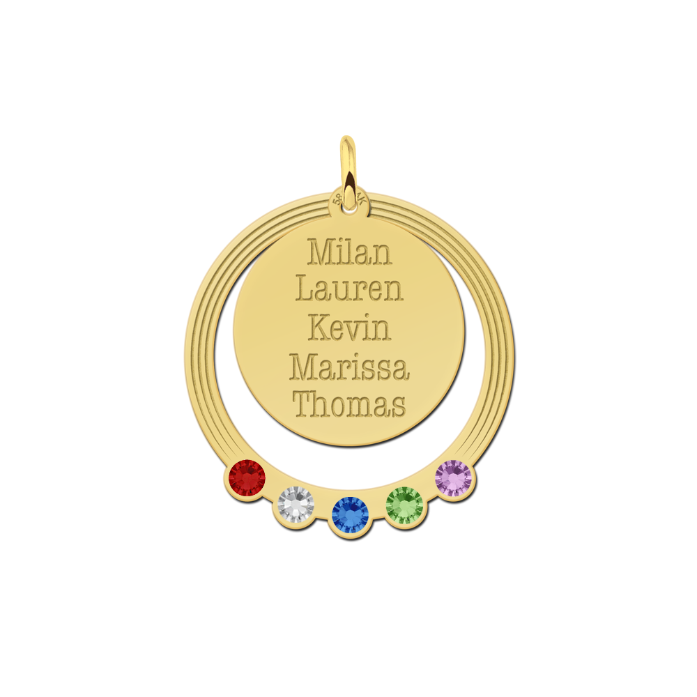14K gouden ronde familiehanger met vijf namen en geboortestenen - Names4ever GFH19-GS